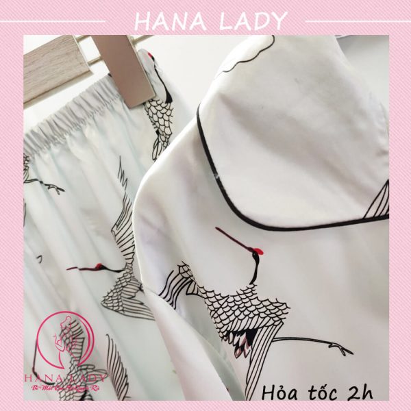 Pijama lụa tay dài họa tiết chim hạc cao cấp trắng PJ538 7 Pijama lụa tay dài họa tiết chim hạc cao cấp trắng PJ538 10