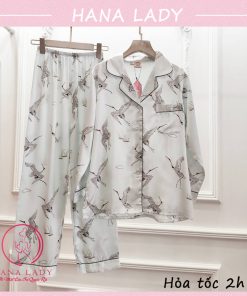 Pijama lụa tay dài họa tiết chim hạc cao cấp trắng PJ538 6