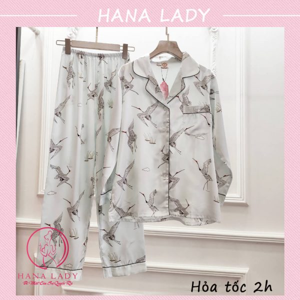 Pijama lụa tay dài họa tiết chim hạc cao cấp trắng PJ538 9
