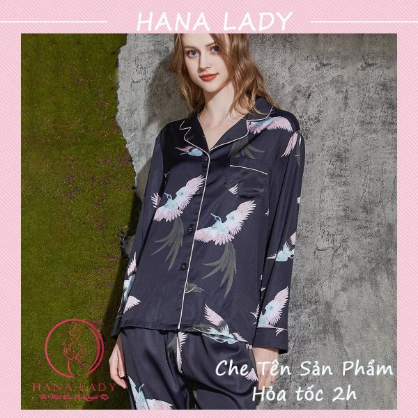 Pijama lụa họa tiết chim hạc cao cấp PJ533 16