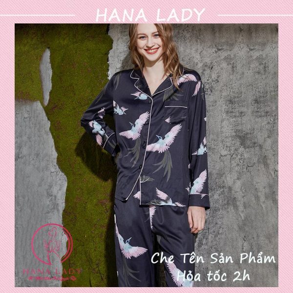 Pijama lụa họa tiết chim hạc cao cấp PJ533 15