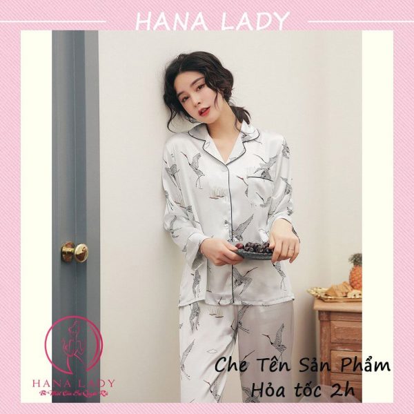 Pijama lụa tay dài họa tiết chim hạc cao cấp trắng PJ538 8