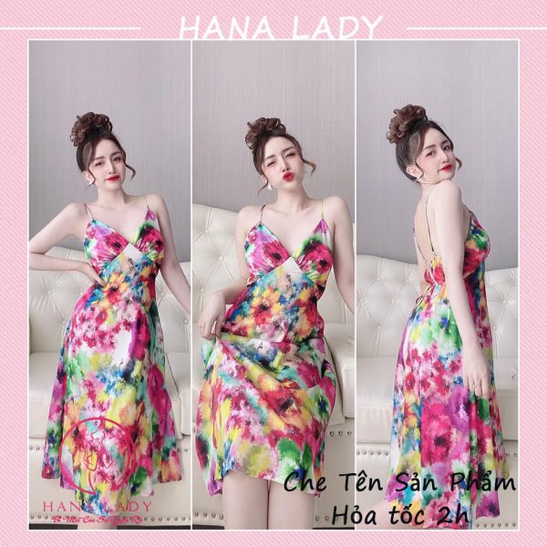 Váy ngủ lụa cao cấp dáng dài loang màu hồng VN469 6 Váy ngủ lụa cao cấp dáng dài loang màu hồng VN469 9