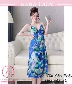 Váy ngủ lụa cao cấp dáng dài loang màu xanh VN467 3 Váy ngủ lụa cao cấp dáng dài loang màu xanh VN467 7