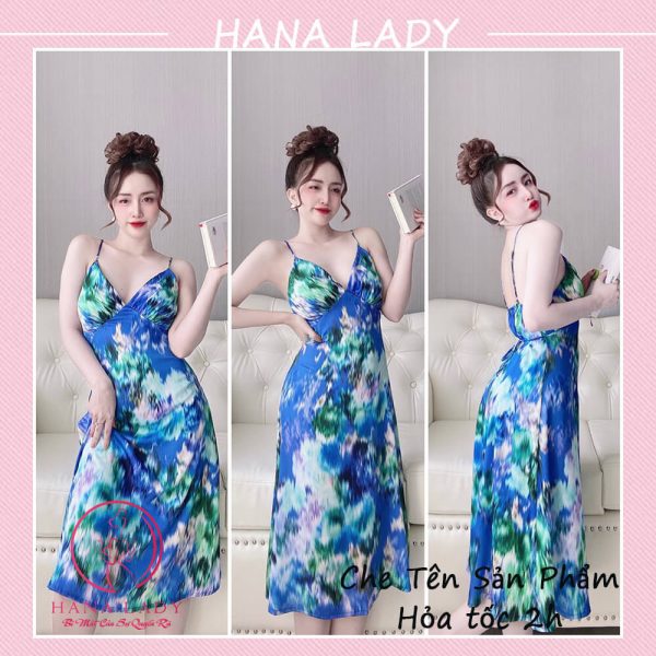 Váy ngủ lụa cao cấp dáng dài loang màu xanh VN467 11