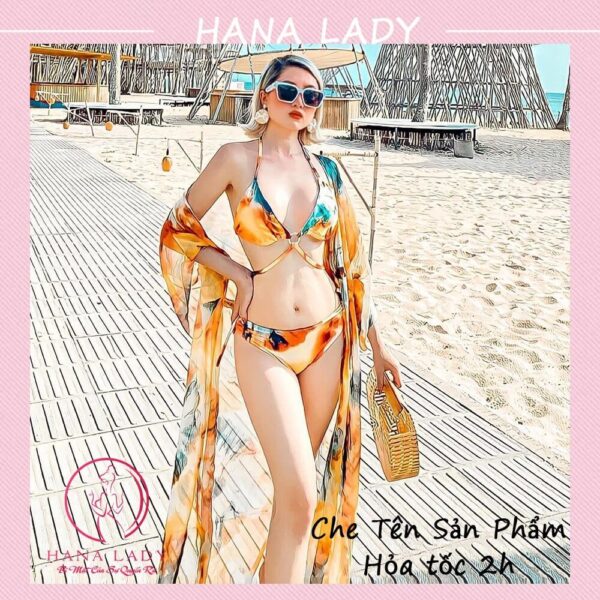 Bikini đi biển, đồ tắm kèm choàng cao cấp hoa vàng BN130 13