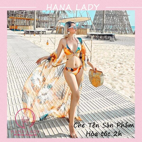 Bikini đi biển, đồ tắm kèm choàng cao cấp hoa vàng BN130 12