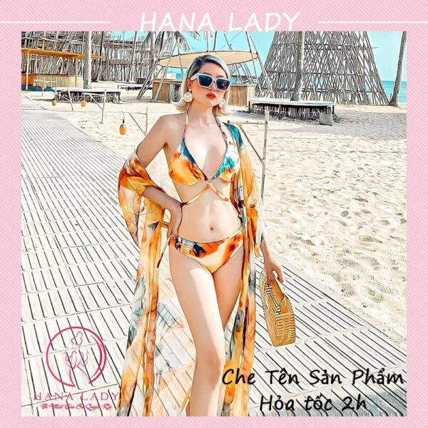 Bikini đi biển, đồ tắm kèm choàng cao cấp hoa vàng BN130 11