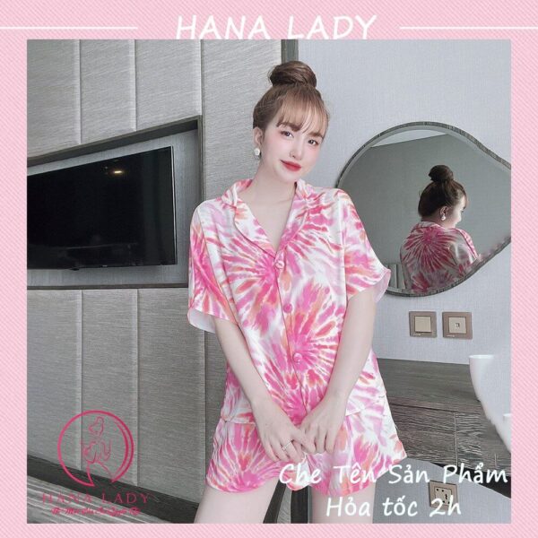 Pijama lụa tay ngắn hè cúc bọc họa tiết hoa văn hồng may kỹ PJ557 12