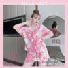 Pijama lụa tay ngắn hè cúc bọc họa tiết hoa văn hồng may kỹ PJ557 1
