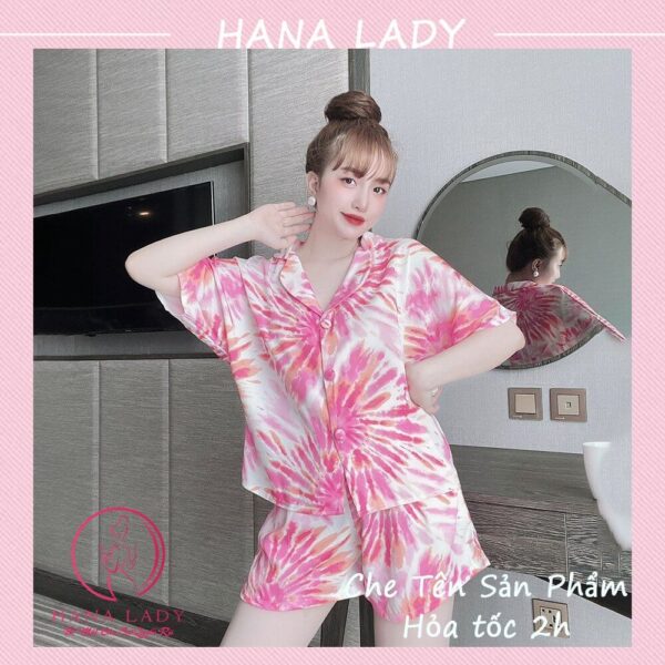 Pijama lụa tay ngắn hè cúc bọc họa tiết hoa văn hồng may kỹ PJ557 10