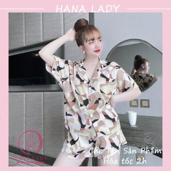 Pijama lụa tay ngắn hè cúc bọc họa tiết hoa văn may kỹ PJ560 11