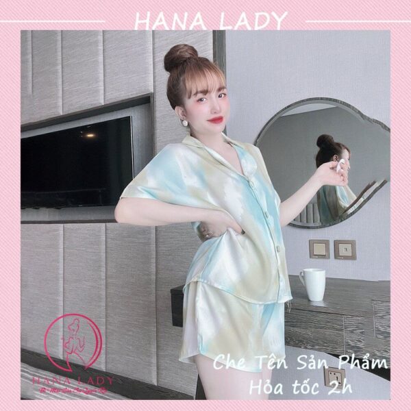 Pijama lụa tay ngắn hè cúc bọc họa tiết hoa văn may kỹ PJ561 11