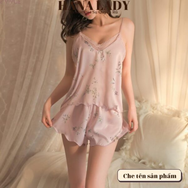 Bộ ngủ 2 dây họa tiết hoa, đồ ngủ lụa mềm mịn cao cấp mặc nhà VN530 19