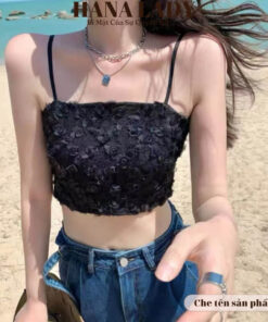 Áo bra nữ ren hoa hồng thêu nổi - Croptop 2 dây lưng chun có kèm mút ngực BL047 13