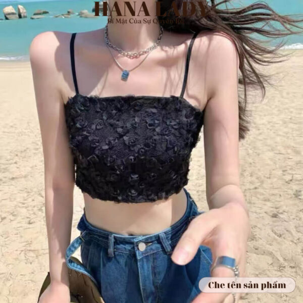 Áo bra nữ ren hoa hồng thêu nổi - Croptop 2 dây lưng chun có kèm mút ngực BL047 18