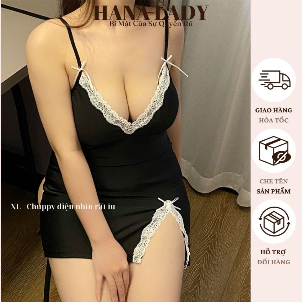 Váy Ngủ Body Sexy - Đầm Ngủ Thun 2 Dây Phối Ren Họa Đen Trơn VN569 14