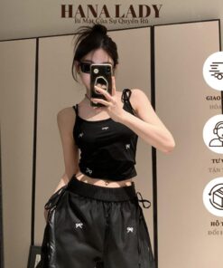 Áo Croptop 2 Dây Chất Thun Co Giãn Họa Tiết Nơ Thêu AO01 15
