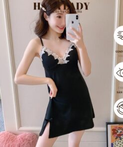 Váy Ngủ Nữ - Đầm Ngủ Thun 2 Dây Mặc Nhà Xẻ Tà Phối Ren Hoa Nổi VN587 11