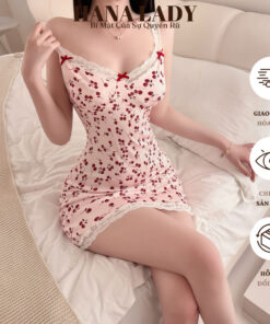 Váy Ngủ Sexy - Đầm Ngủ Thun Màu Hồng Dễ Thương Phối Ren Nơ Họa Tiết Cherry Quyến Rũ VN591 15