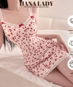 Váy Ngủ Sexy - Đầm Ngủ Thun Màu Hồng Dễ Thương Phối Ren Nơ Họa Tiết Cherry Quyến Rũ VN591 14