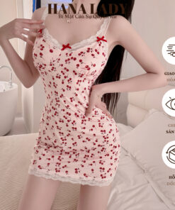 Váy Ngủ Sexy - Đầm Ngủ Thun Màu Hồng Dễ Thương Phối Ren Nơ Họa Tiết Cherry Quyến Rũ VN591 11