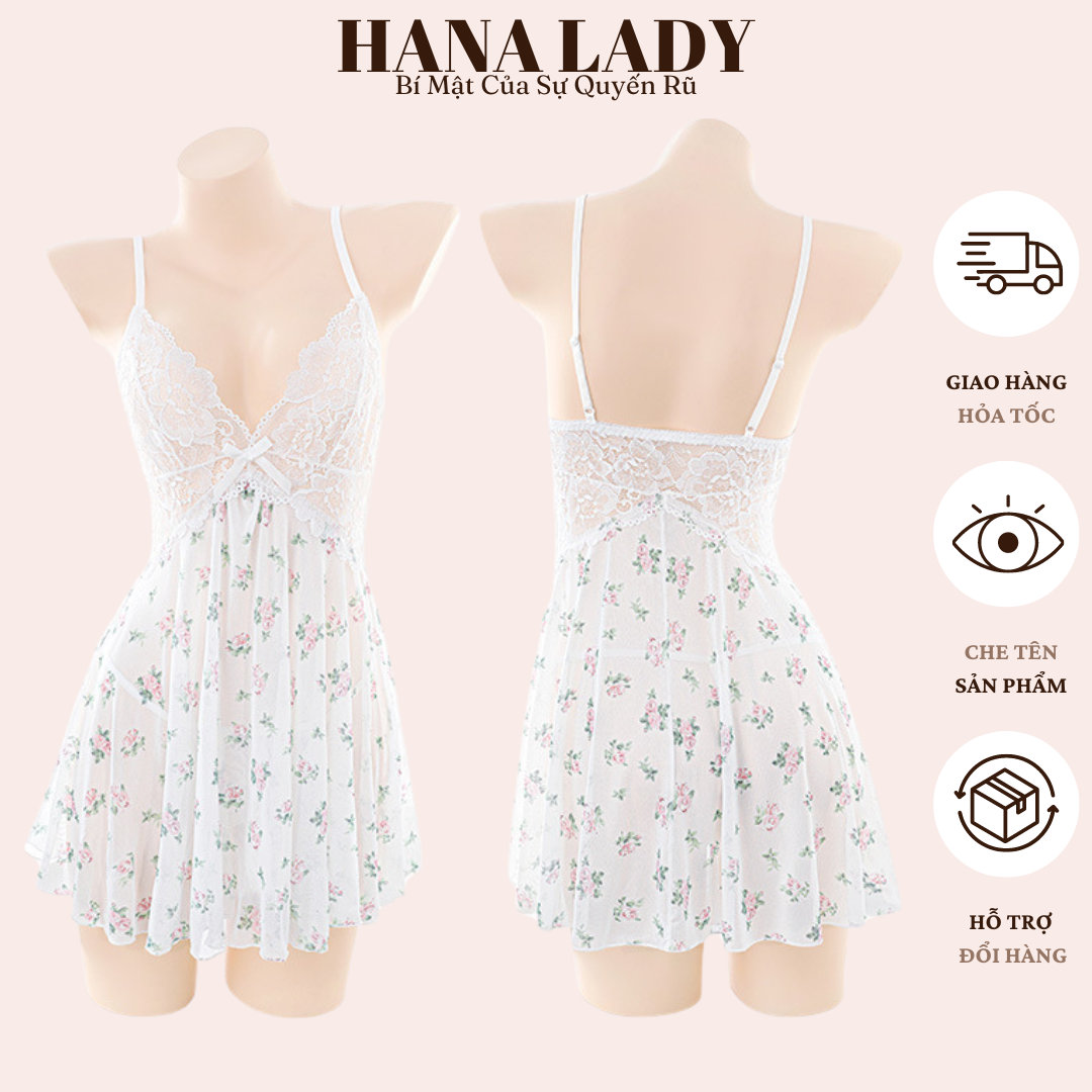 Váy Ngủ Nữ Sexy - Đầm Ngủ Voan Lụa Phối Ren Xuyên Thấu Họa Tiết Hoa Nhí Gợi Cảm VN593 14