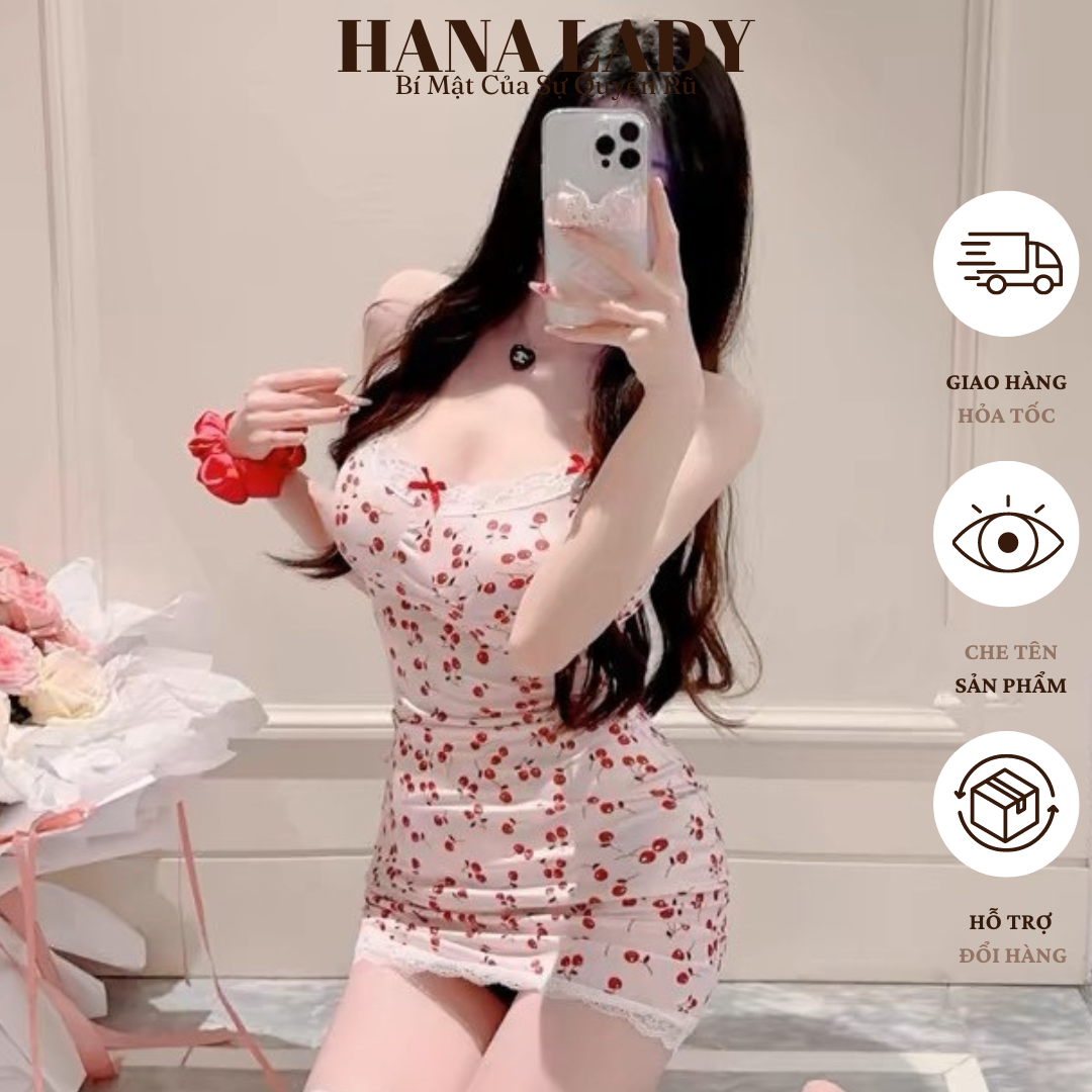 Váy Ngủ Sexy - Đầm Ngủ Thun Màu Hồng Dễ Thương Phối Ren Nơ Họa Tiết Cherry Quyến Rũ VN591 18