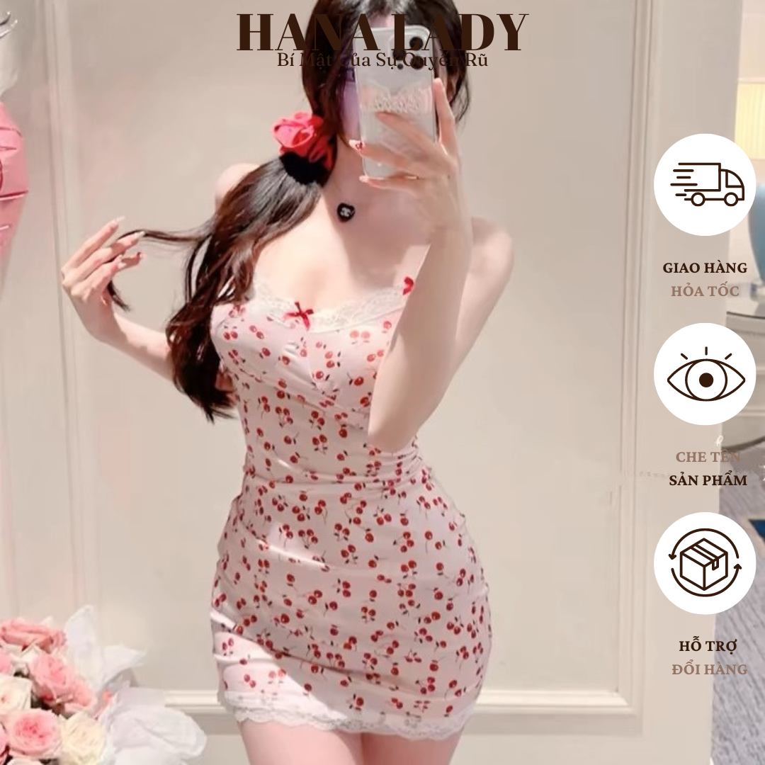 Váy Ngủ Sexy - Đầm Ngủ Thun Màu Hồng Dễ Thương Phối Ren Nơ Họa Tiết Cherry Quyến Rũ VN591 19