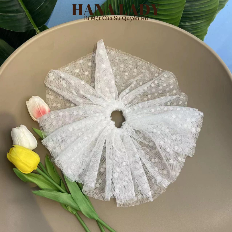 Scrunchies Lưới - Cột Tóc Scrunchies Voan Lưới Xòe Cỡ Lớn Chấm Bi Dễ Thương PKT050 12