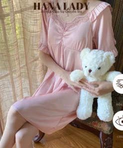 Đầm Ngủ Lụa Mặc Nhà - Váy Ngủ Lụa Dáng Suông Cổ Tròn Phối Ren Tay Bèo Dễ Thương VN603 12