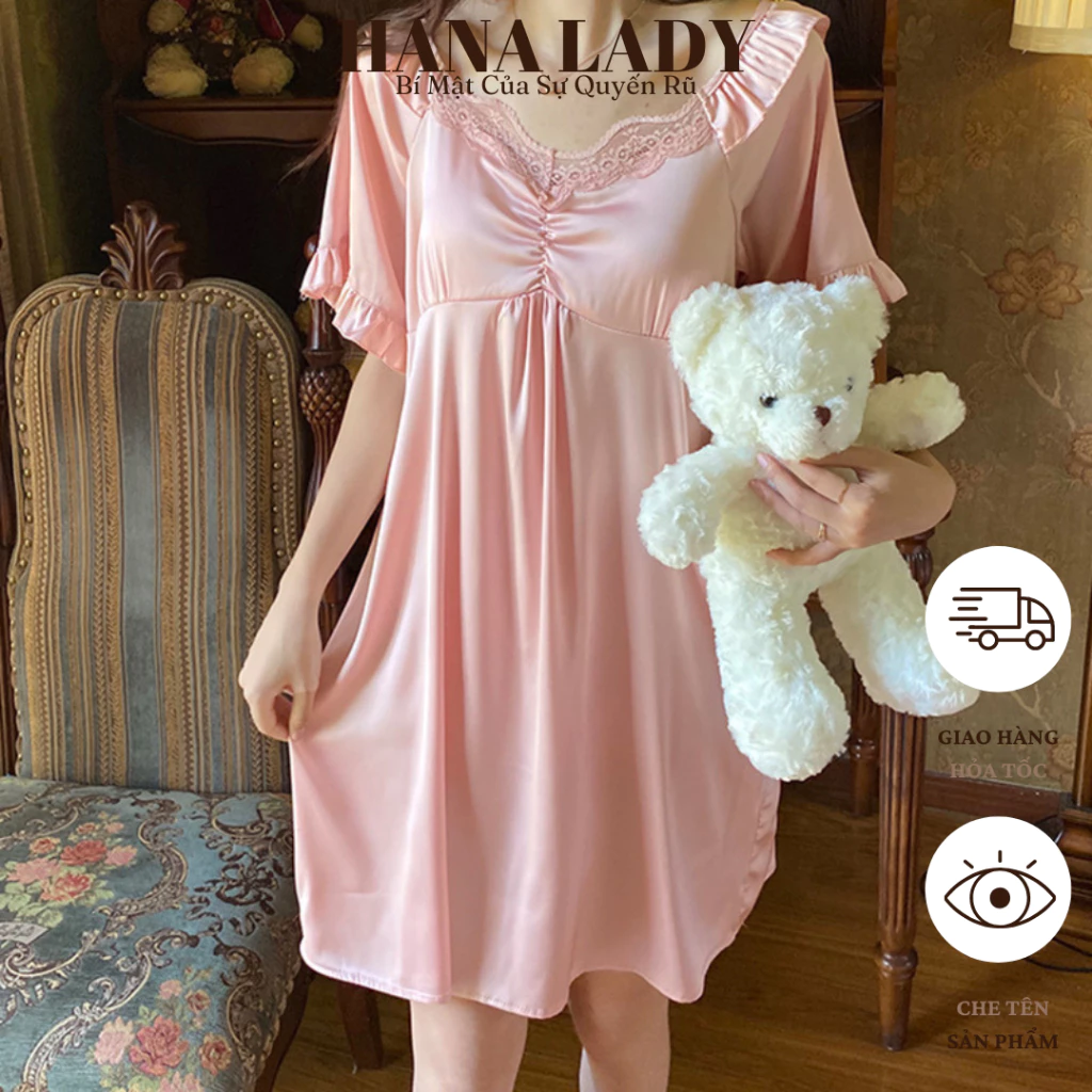 Đầm Ngủ Lụa Mặc Nhà - Váy Ngủ Lụa Dáng Suông Cổ Tròn Phối Ren Tay Bèo Dễ Thương VN603 8 Đầm Ngủ Lụa Mặc Nhà - Váy Ngủ Lụa Dáng Suông Cổ Tròn Phối Ren Tay Bèo Dễ Thương VN603 14