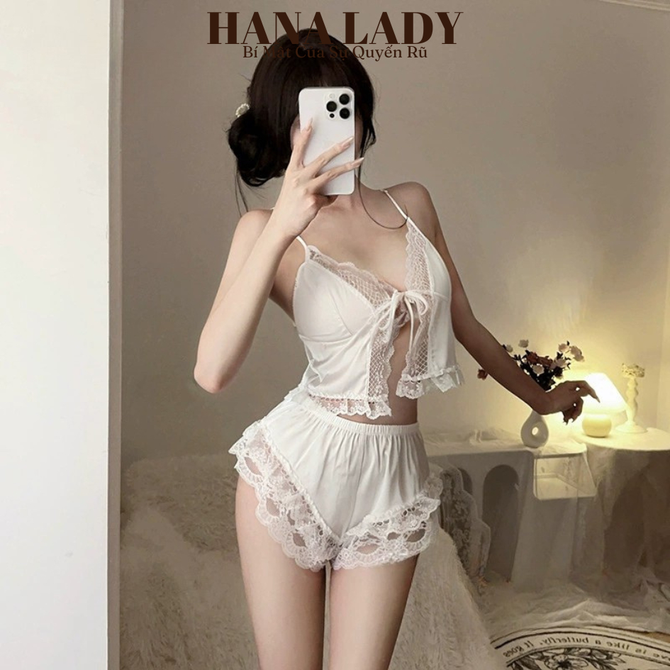 Đồ Ngủ Nữ Sexy - Bộ Ngủ Lụa Phối Ren Xẻ Trước Thắt Dây Gợi Cảm VN621 10