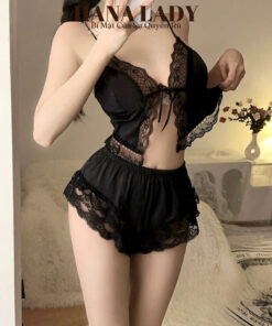 Đồ Ngủ Nữ Sexy - Bộ Ngủ Lụa Phối Ren Xẻ Trước Thắt Dây Gợi Cảm VN621 9