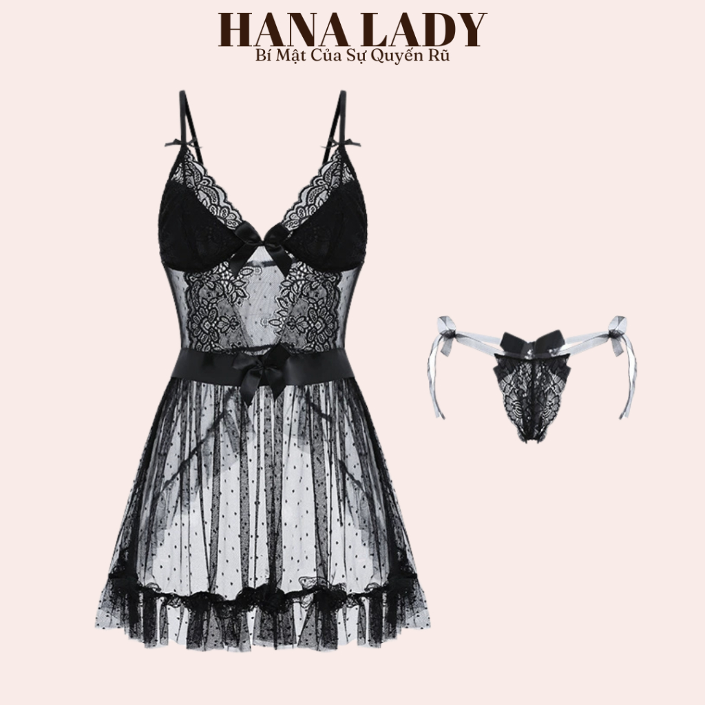 Váy Ngủ Sexy - Đầm Ngủ Ren Xuyên Thấu Đính Nơ Xẻ Sau Gợi Cảm Kèm Lọt Khe VN623 12