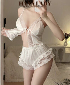 Đồ Ngủ Nữ Sexy - Bộ Ngủ Lụa Phối Ren Xẻ Trước Thắt Dây Gợi Cảm VN621 8