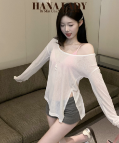 Áo Thun Giấy Tay Dài Lệch Vai Oversize Xẻ Tà Mặc Ngoài Bikini HotTrend VN624 11