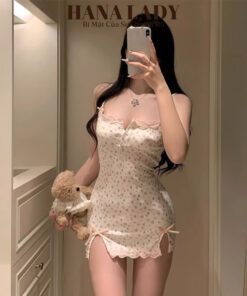 Váy Ngủ Body Hoa Nhí - Đầm Ngủ Thun Trắng Phối Ren Nơ Hồng Xẻ Tà 2 Bên Sexy VN628 15