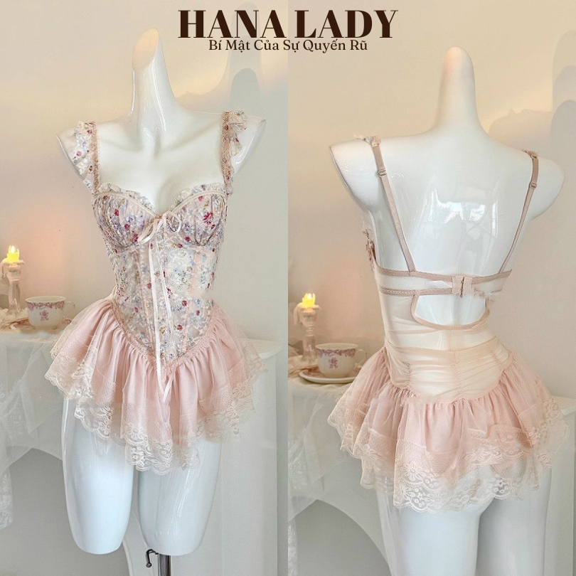 Váy Ngủ Ren Xòe Họa Tiết Hoa Nhí - Đầm Ngủ Corset Định Hình Tôn Dáng Kèm Quần Chip VN625 16