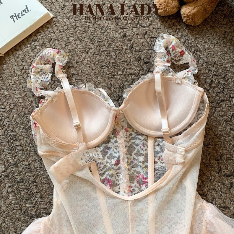 Váy Ngủ Ren Xòe Họa Tiết Hoa Nhí - Đầm Ngủ Corset Định Hình Tôn Dáng Kèm Quần Chip VN625 17