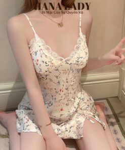 Đầm Ngủ Lụa Họa Tiết Hoa Kèm Mút - Váy Ngủ Lụa Xẻ Tà Cổ Phối Ren Quyến Rũ 17