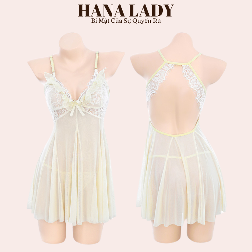 Váy Ngủ Voan Lụa Xuyên Thấu Phối Ren Hở Lưng Sexy Kèm Quần Lọt Khe VN629 10