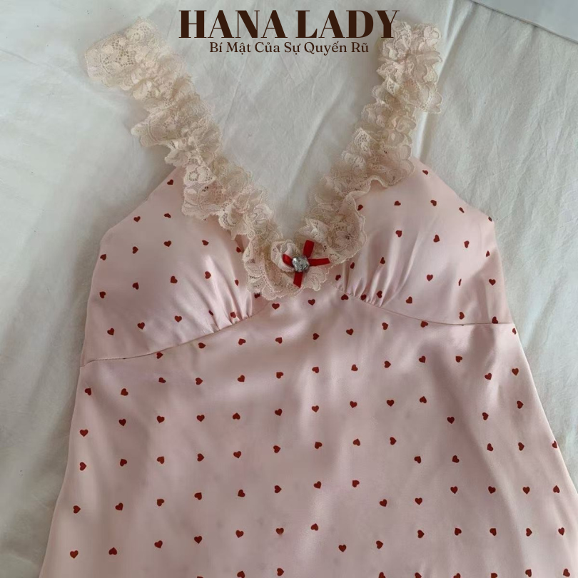 Váy Ngủ Lụa Phối Ren Quyến Rũ Đính Nơ Họa Tiết Trái Tim Dễ Thương VN630 19