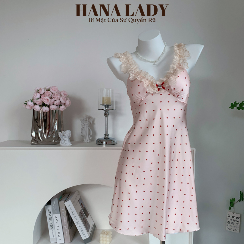 Váy Ngủ Lụa Phối Ren Quyến Rũ Đính Nơ Họa Tiết Trái Tim Dễ Thương VN630 18