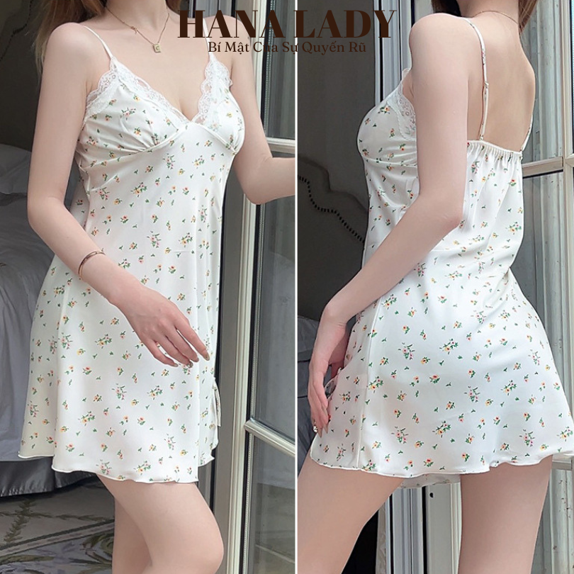 Đầm Ngủ Lụa Họa Tiết Hoa Kèm Mút - Váy Ngủ Lụa Xẻ Tà Cổ Phối Ren Quyến Rũ 20