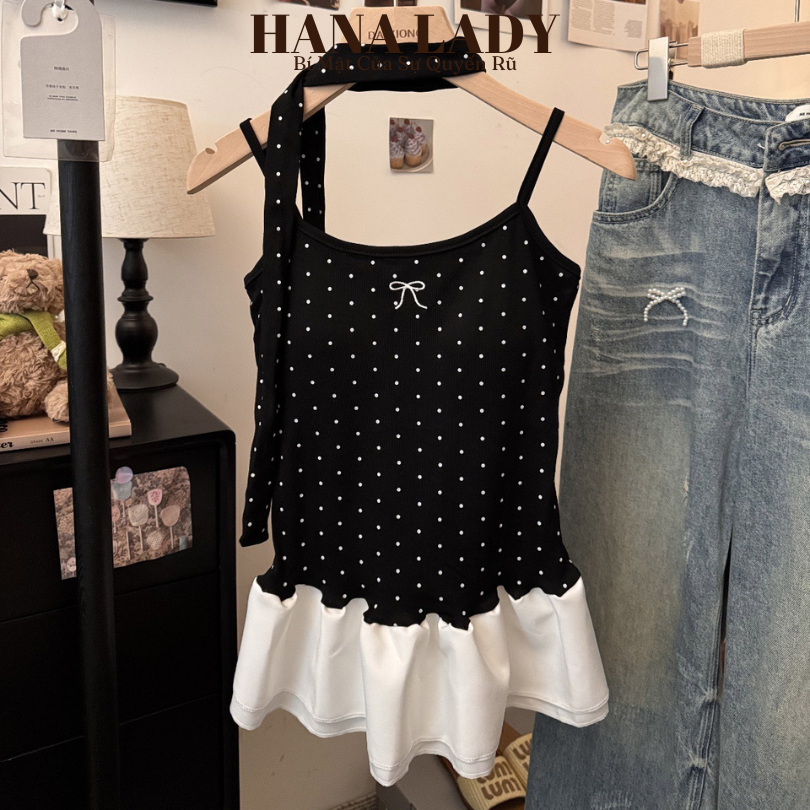 Áo 2 Dây Mùa Hè - Áo Thun Phối Nhún Bèo Chấm Bi Dễ Thương Kèm Dây Cột AO05 12