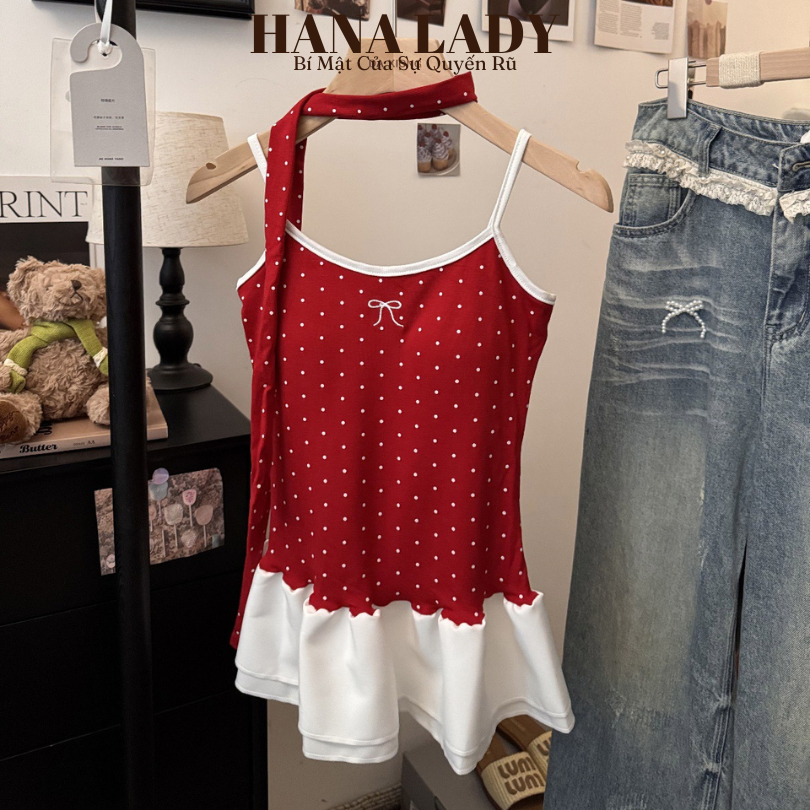 Áo 2 Dây Mùa Hè - Áo Thun Phối Nhún Bèo Chấm Bi Dễ Thương Kèm Dây Cột AO05 13