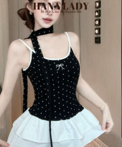 Áo 2 Dây Mùa Hè - Áo Thun Phối Nhún Bèo Chấm Bi Dễ Thương Kèm Dây Cột AO05 11