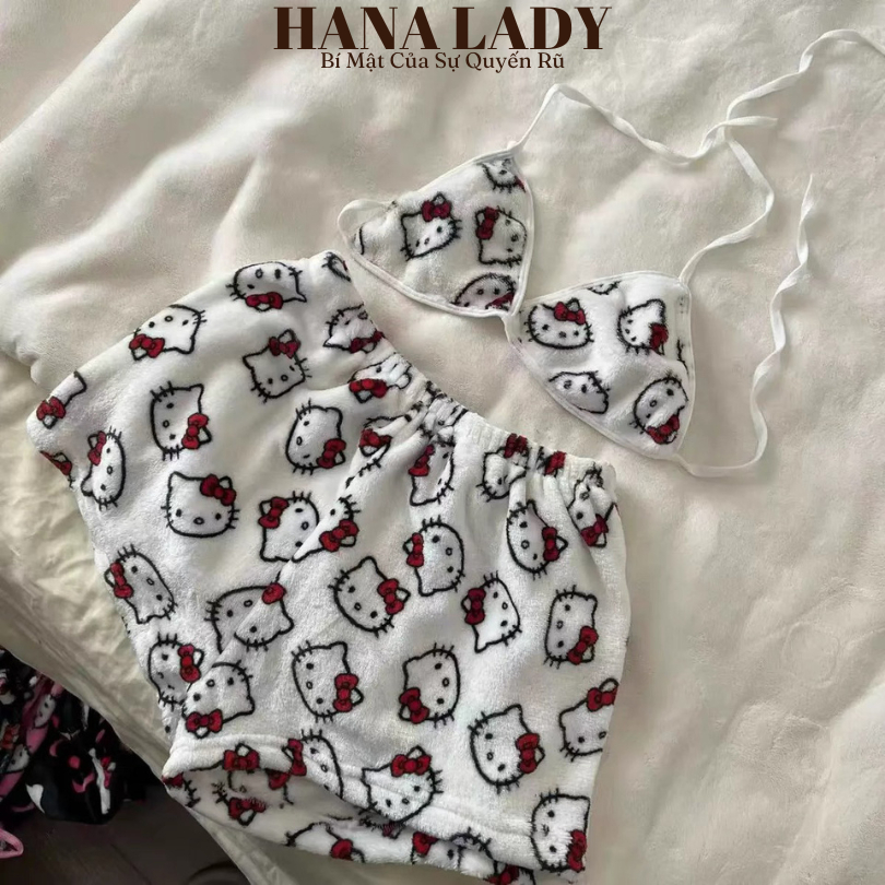 Set Đồ Ngủ Hello Kitty, Bikini Áo Dây Quần Short Chất Nhung Lông Gợi Cảm BN170 10
