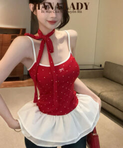 Áo 2 Dây Mùa Hè - Áo Thun Phối Nhún Bèo Chấm Bi Dễ Thương Kèm Dây Cột AO05 10